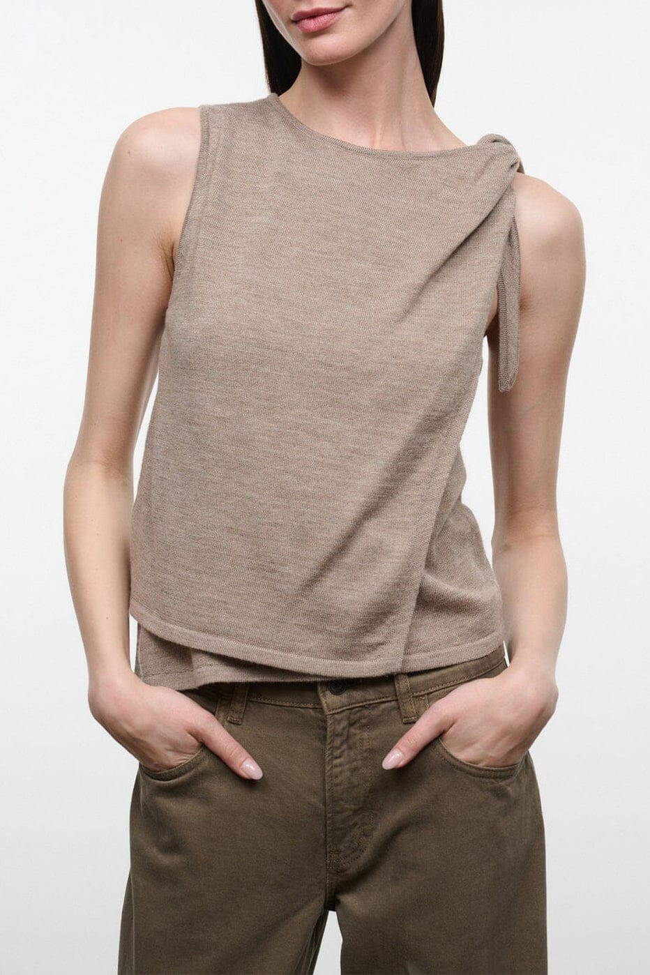 ENYA top: beige sleeveless draped design with shoulder tie detail