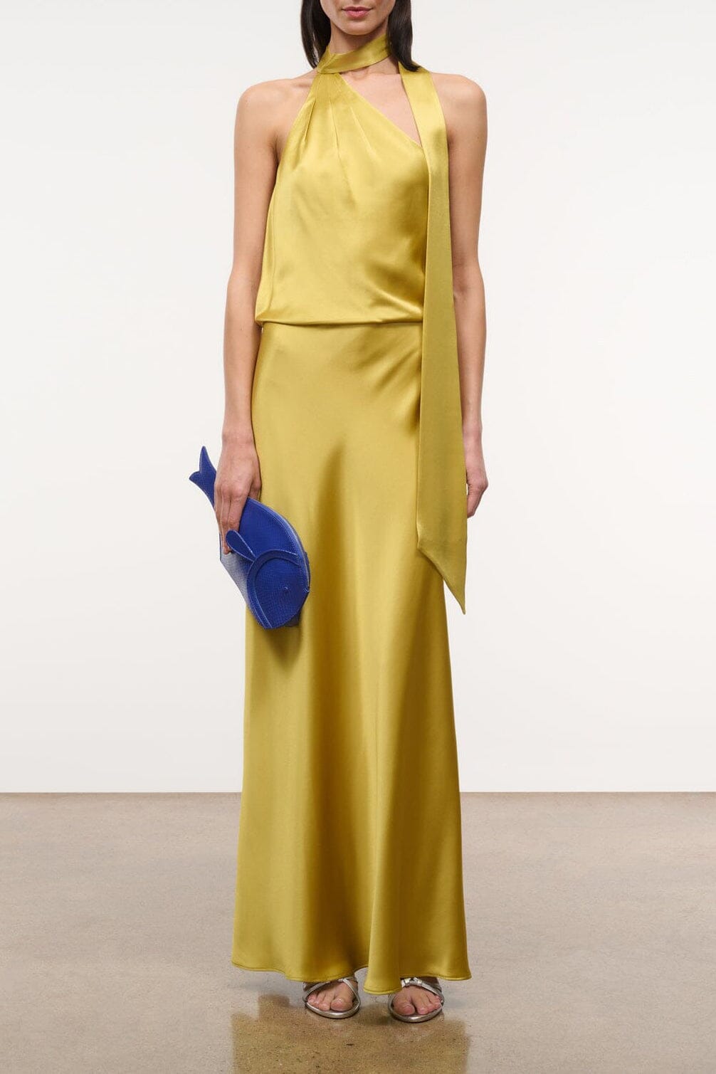 Citron yellow satin halter dress with draped neck and asymmetrical wrap front