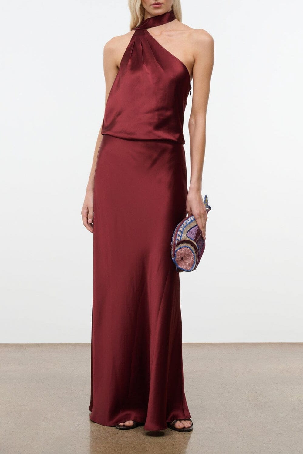 ESTELLE halter neck satin maxi dress, deep wine red with draped neckline