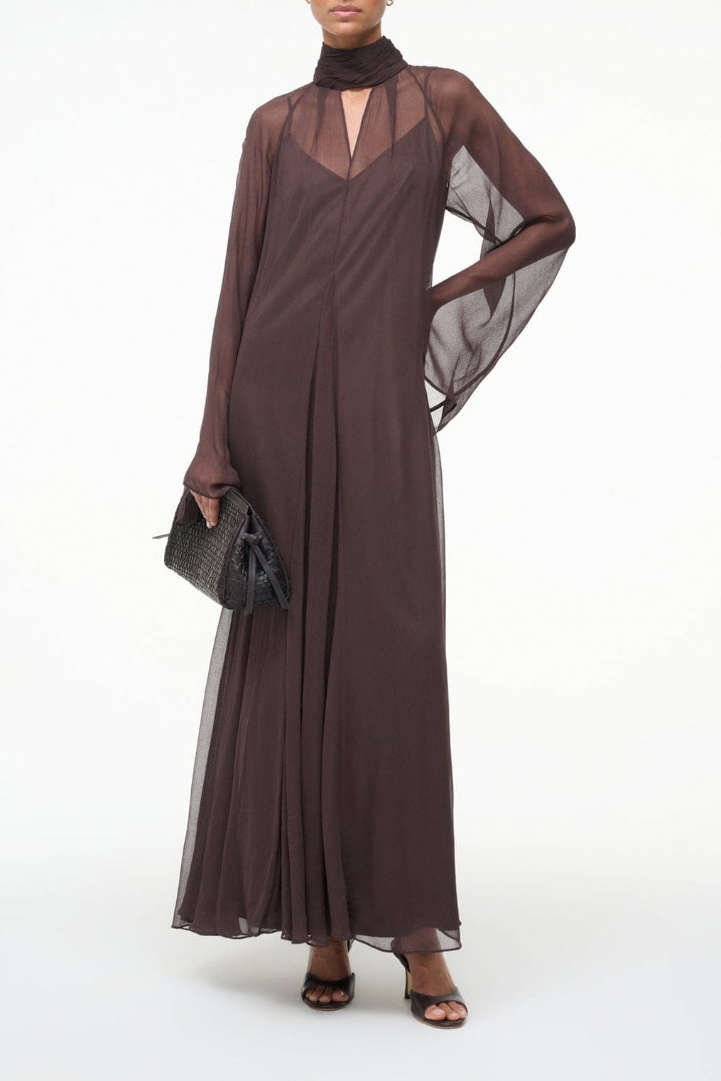 Women's dark-brown maxi dress with sheer long sleeves and V neckline