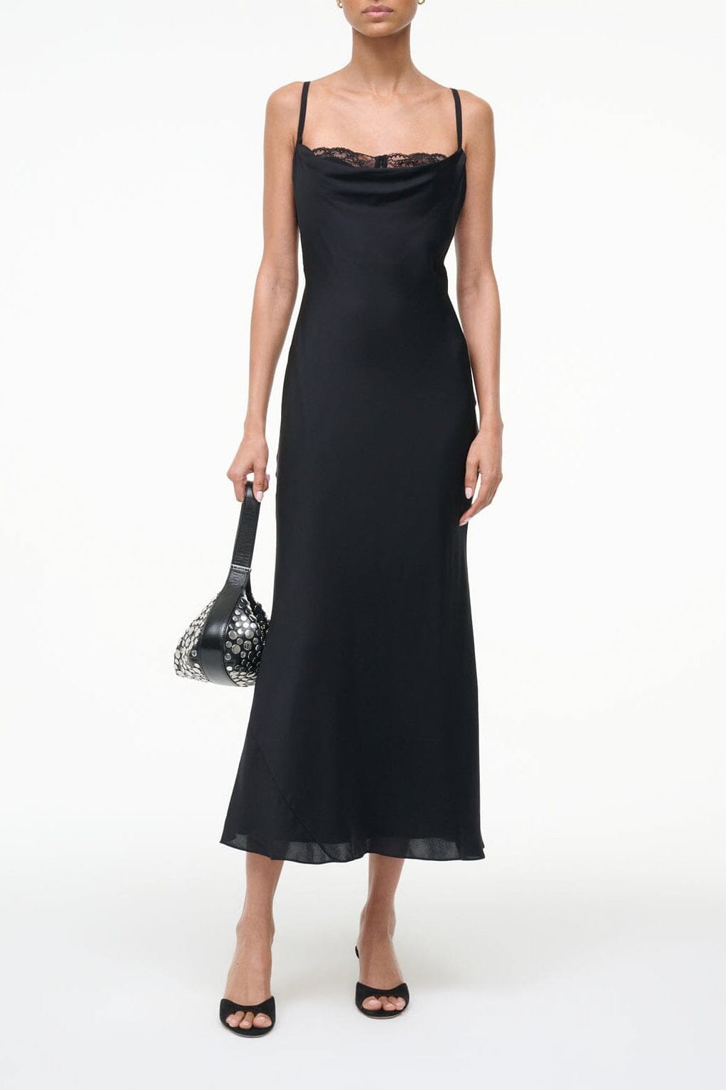 Black silk midi dress with spaghetti straps and cowl neckline