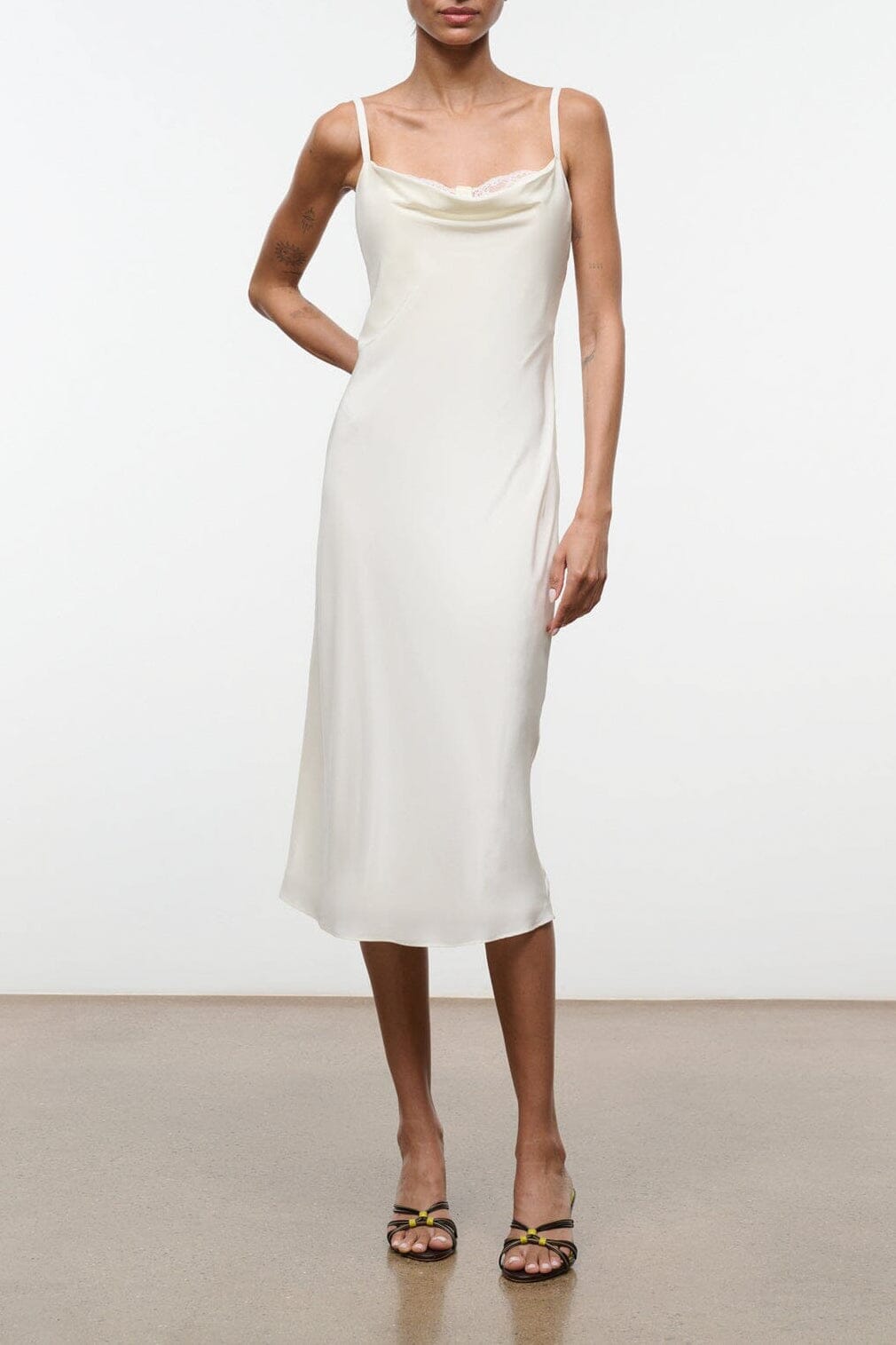 EVANGELINE silk midi dress, ivory satin slip with spaghetti straps and cowl neck