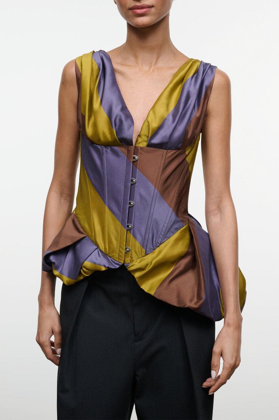 Silk V-neck sleeveless top with purple, yellow, and brown color-block panels