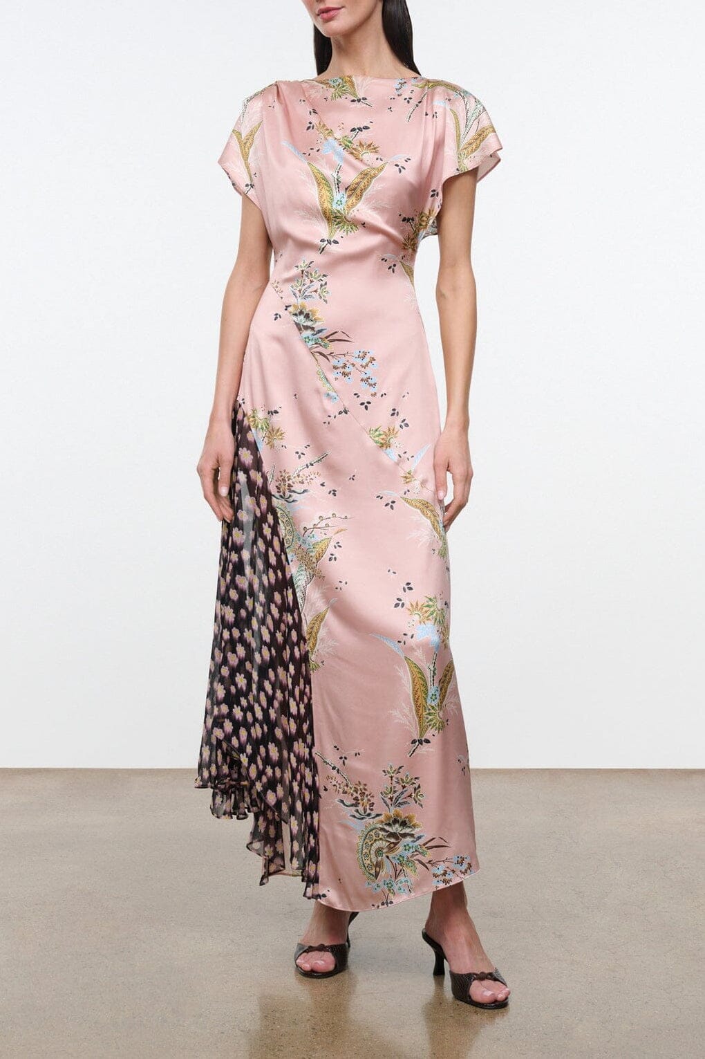 Blush pink silk dress with floral print, short sleeves, column silhouette, side mesh overlay