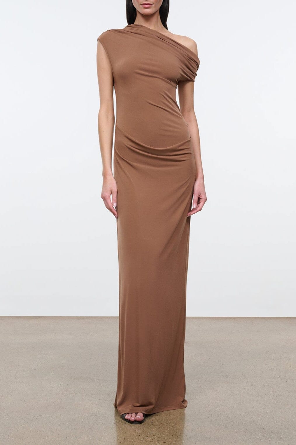 Felicity maxi dress in draped brown with sleeveless cowl neckline, side gathers