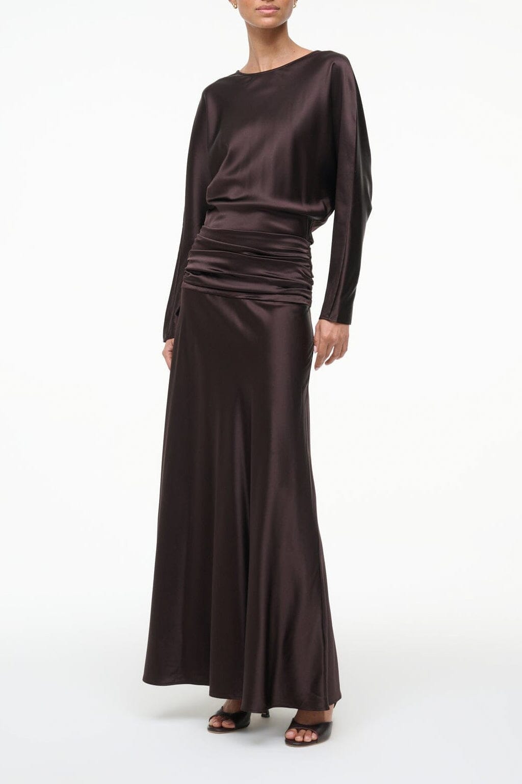Silk maxi dress in dark brown, long sleeves and draped waist