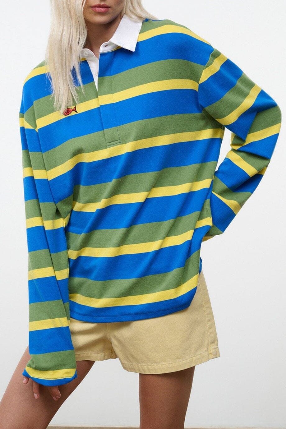 GAVIN striped button-up shirt, blue green yellow horizontal stripes, long sleeves