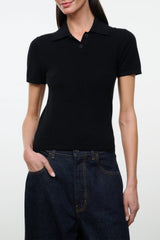 Cashmere polo sweater, black short sleeves with collar and button placket