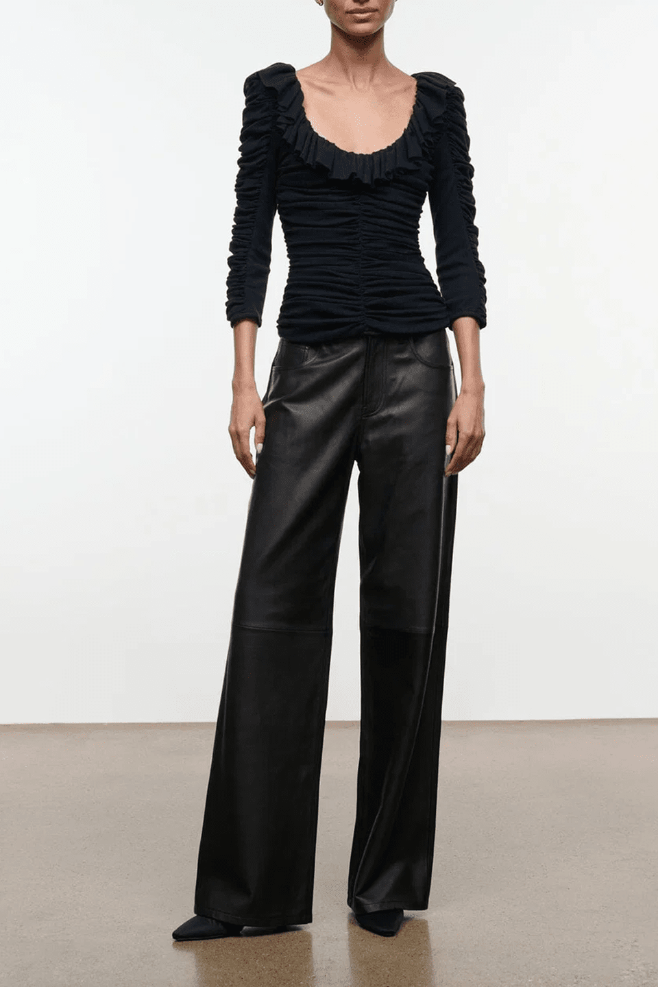 Black ruched scoop-neck long-sleeve top with gathered shoulders
