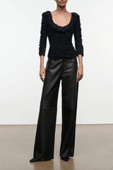 Black ruched scoop-neck long-sleeve top with gathered shoulders