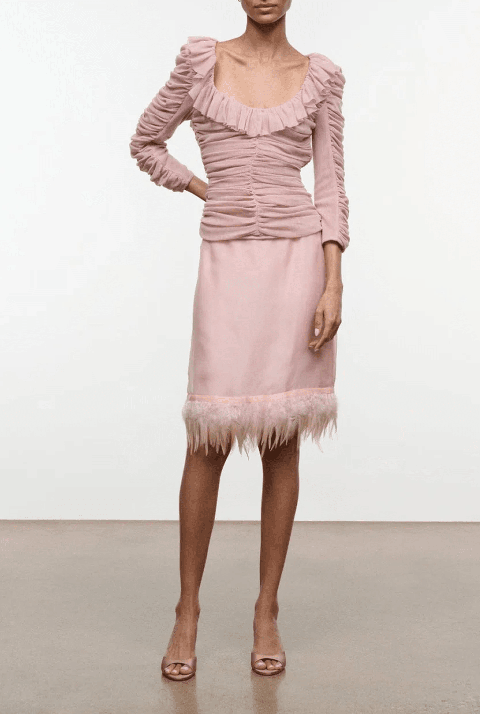 Ruched satin top with ruffled square neckline and puff sleeves, pink