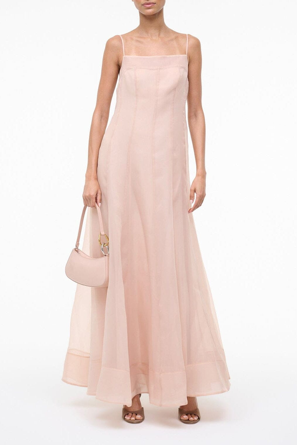 Fawn sleeveless satin maxi dress with square neckline and flowing tiered hem