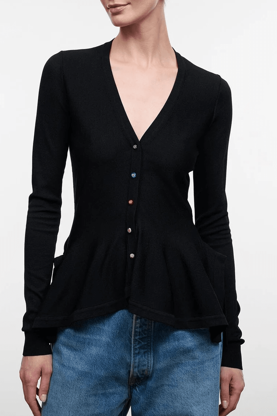 Black V-neck button cardigan top with long sleeves and peplum hem
