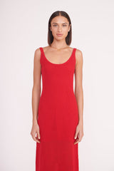 Red sleeveless midi coverup dress with ribbed knit and scoop neckline.