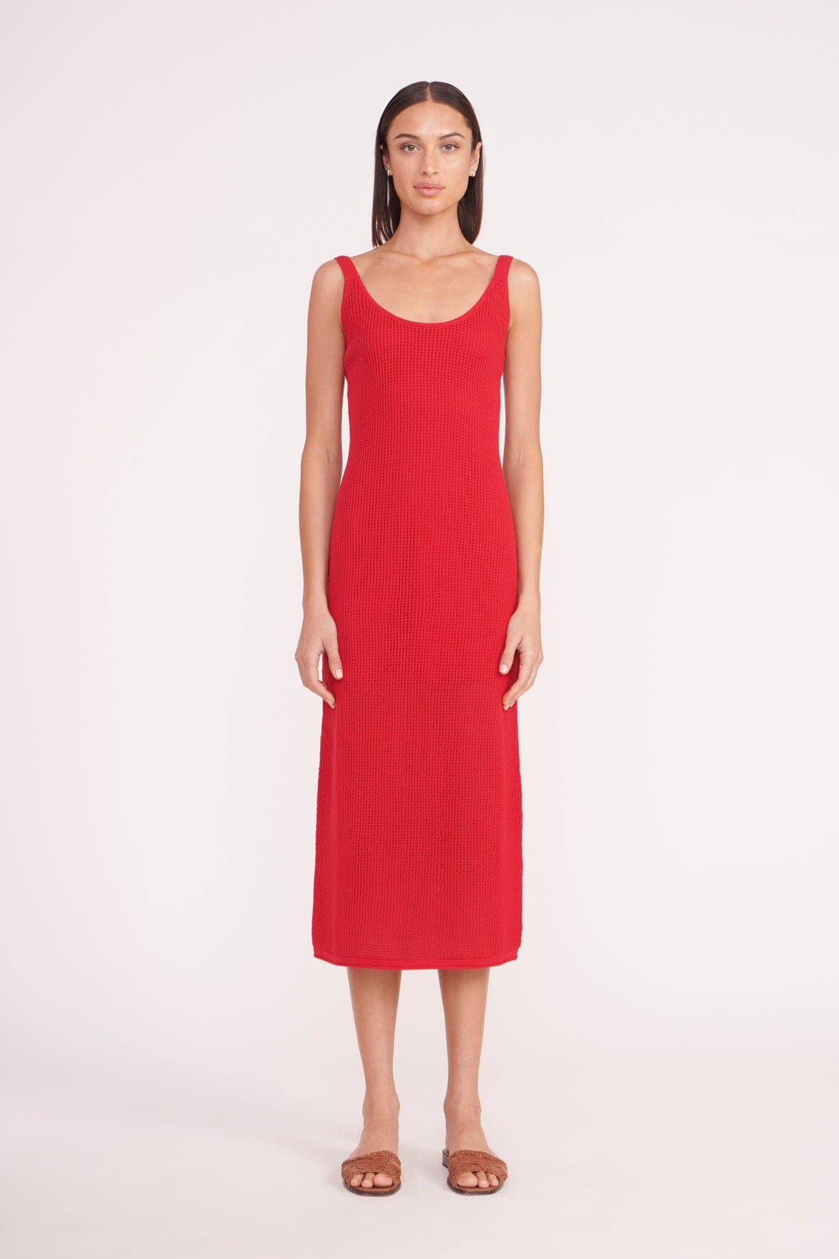 Red sleeveless midi shift dress with scoop neckline and fitted bodice.