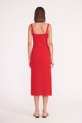Red sleeveless midi dress with wide back straps.