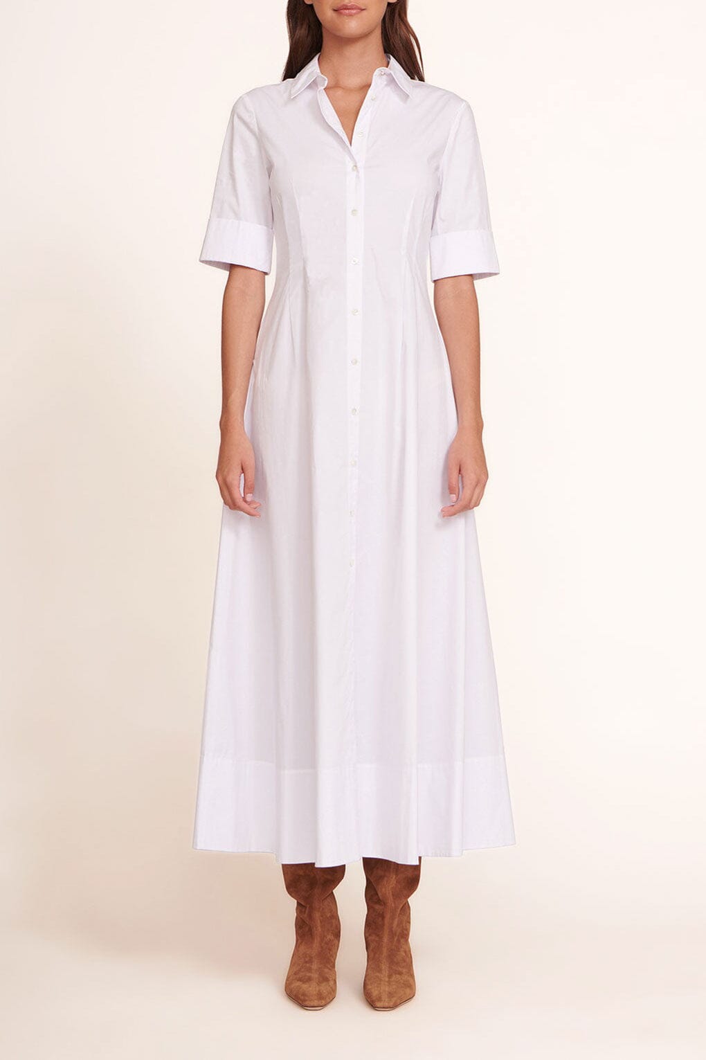 White maxi shirt dress with button front, collar, and short sleeves
