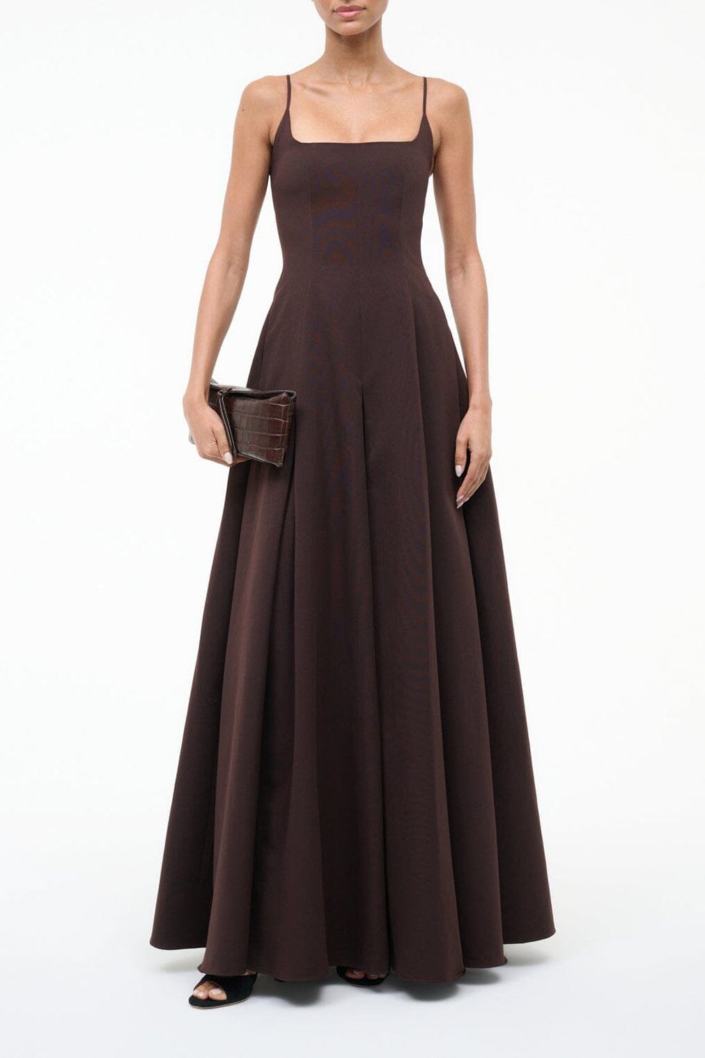 Earth brown spaghetti-strap maxi dress with fitted bodice and flared skirt
