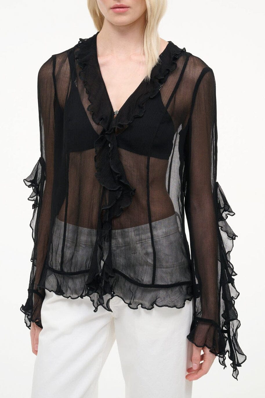 KELLCY black sheer top with ruffle trim and V-neck front