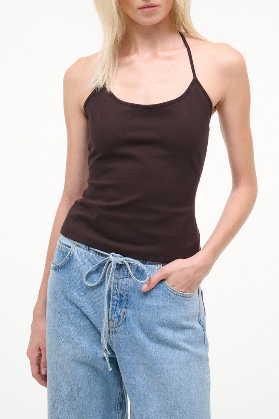 KENT tank top in dark brown with spaghetti straps and scoop neck