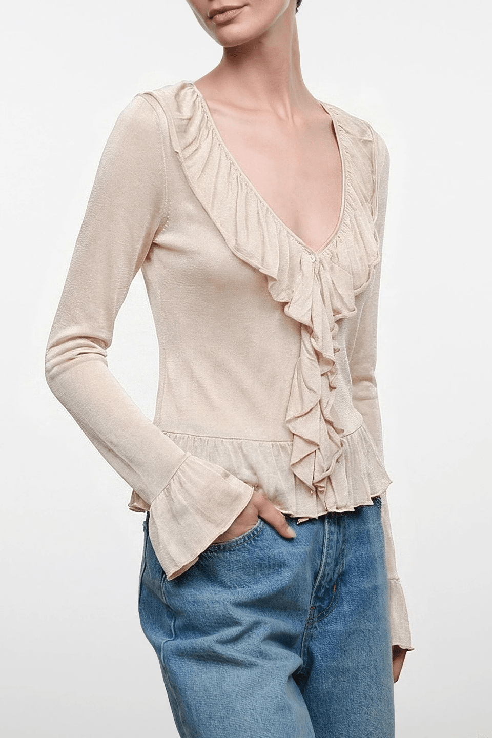 Champagne long-sleeve blouse top with V-neck and layered ruffles