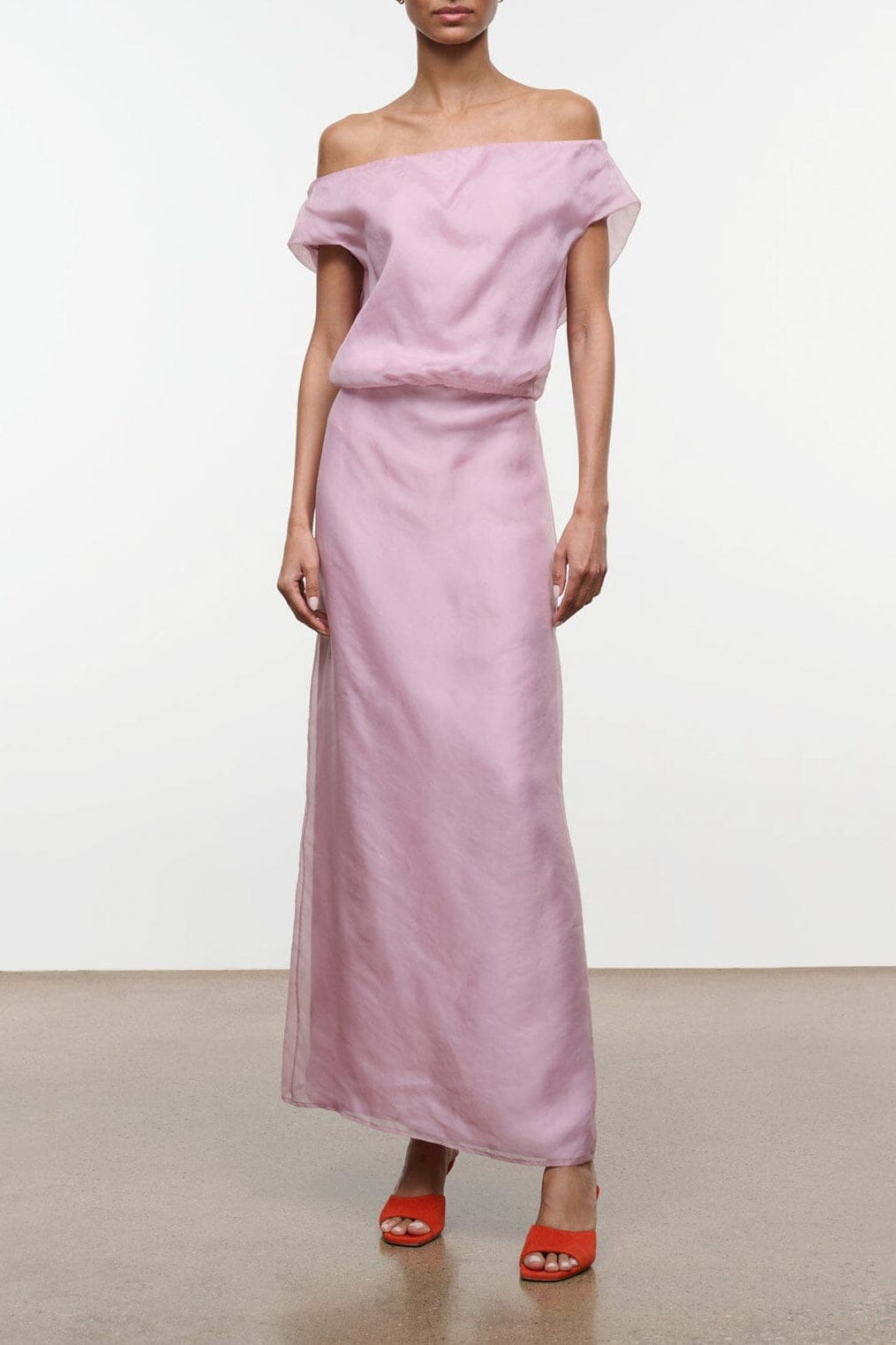 Dusty pink off-shoulder maxi dress with gathered waist and draped neckline
