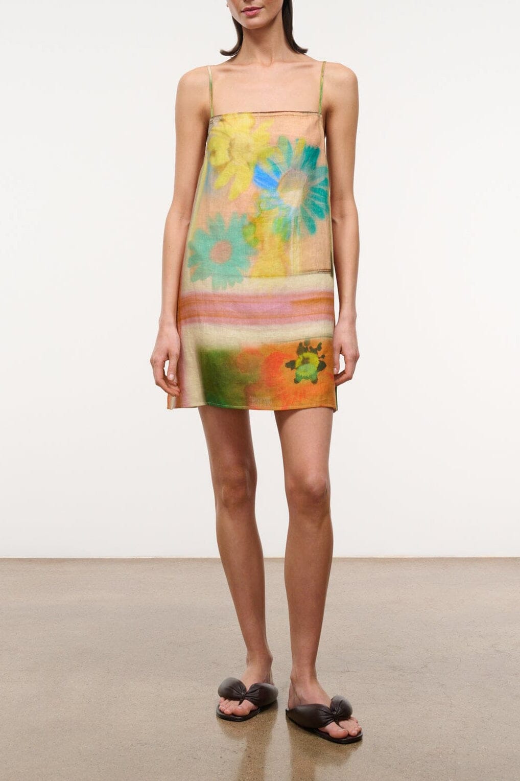 Floral linen mini dress, multicolor abstract print with thin spaghetti straps