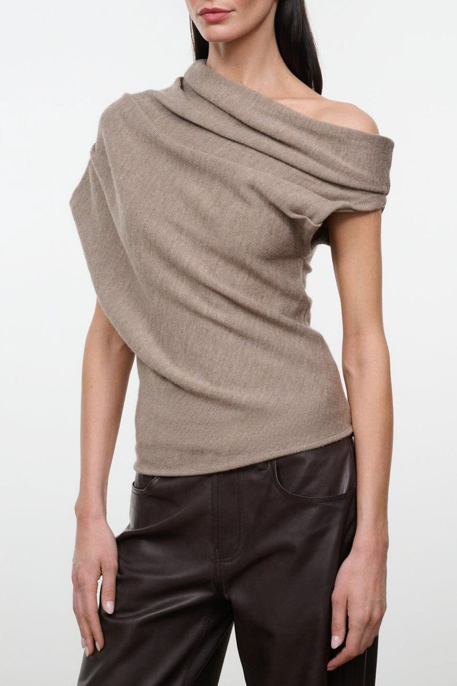 Light brown draped cowl-neck sweater with short sleeves, off-shoulder style