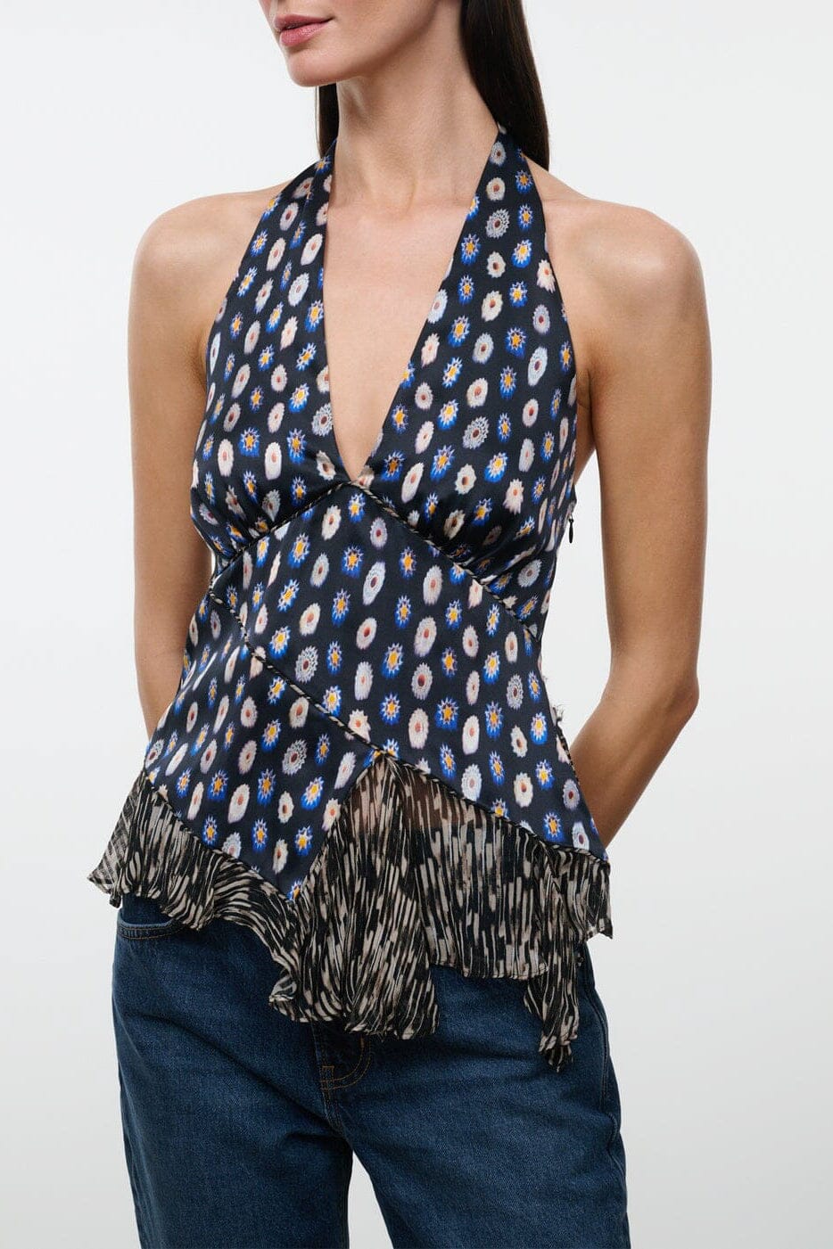 MAEVA silk halter top with navy multicolor abstract print and fringe hem