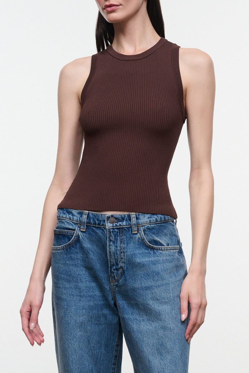 Ribbed sleeveless tank top, dark brown, crew neckline
