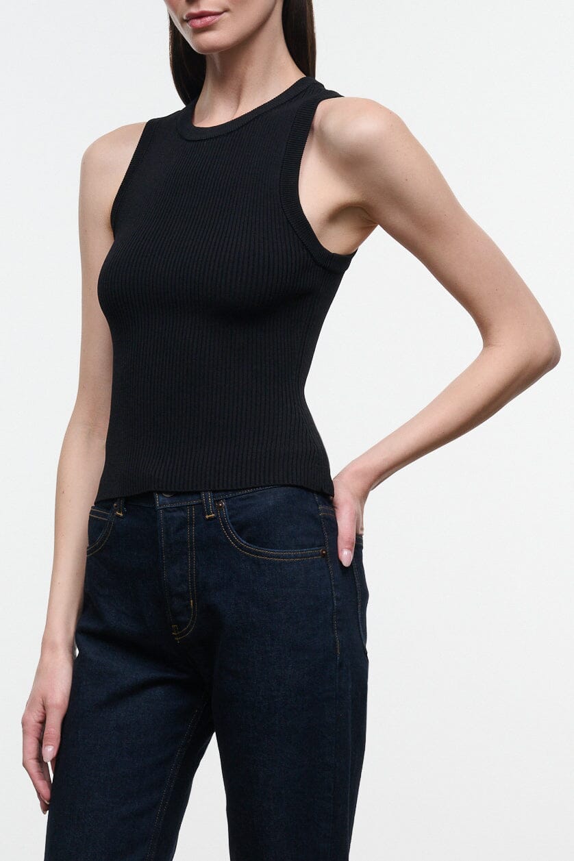 MALIA ribbed black sleeveless tank top with crew neckline