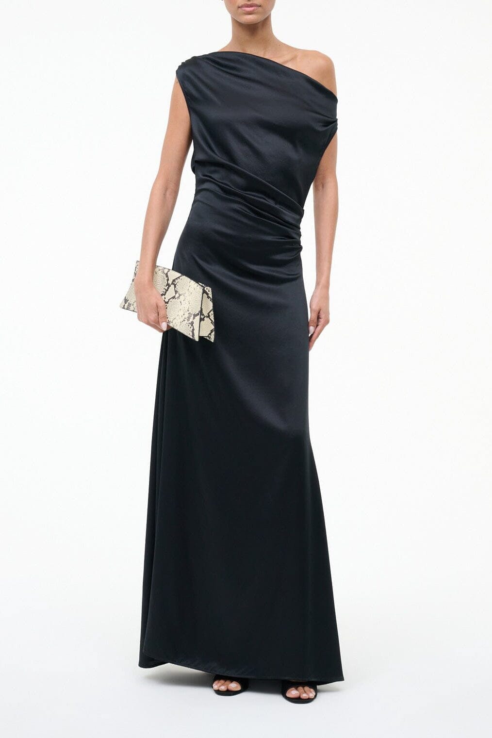 Black one-shoulder draped silk maxi dress, sleeveless, fitted bodice