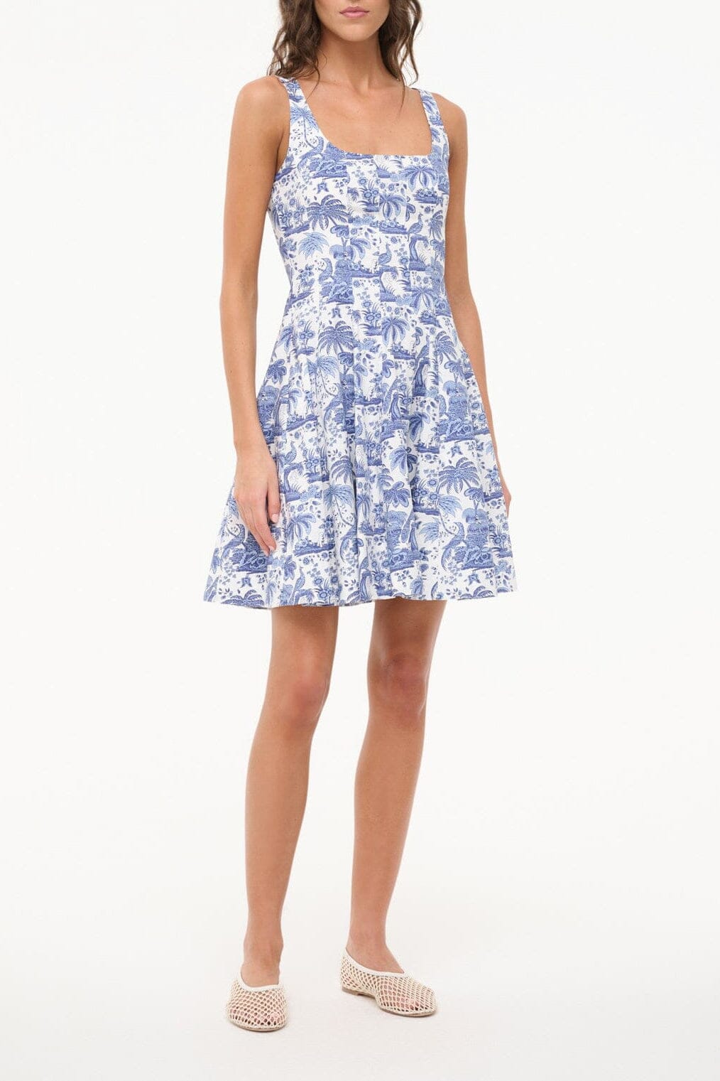 Blue toile print mini dress with square neckline and thin spaghetti straps