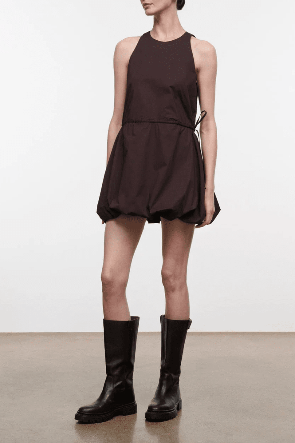 Earth brown sleeveless mini dress with round neck and gathered bubble hem
