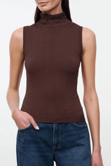 Montclair sleeveless knit turtleneck top, dark brown, fitted