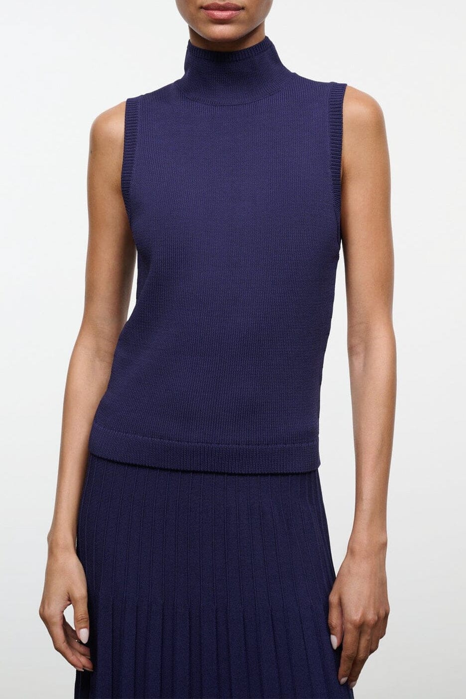 MONTCLAIR sleeveless mock-neck knit top, dark navy