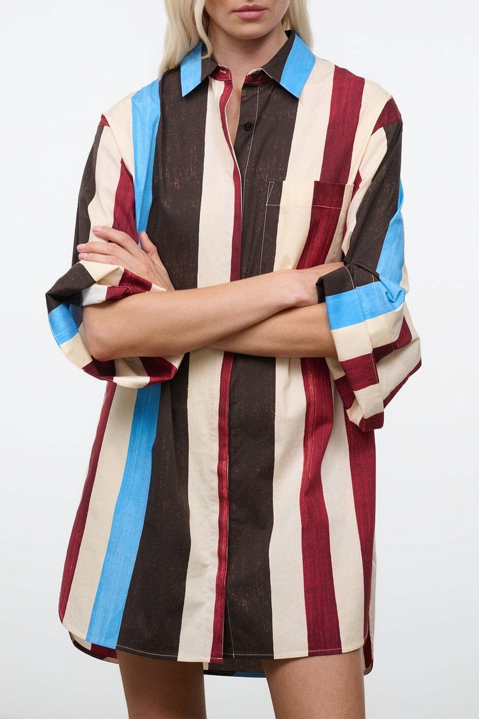 Nico dress with long sleeves, collared button front, vertical multi-color stripe