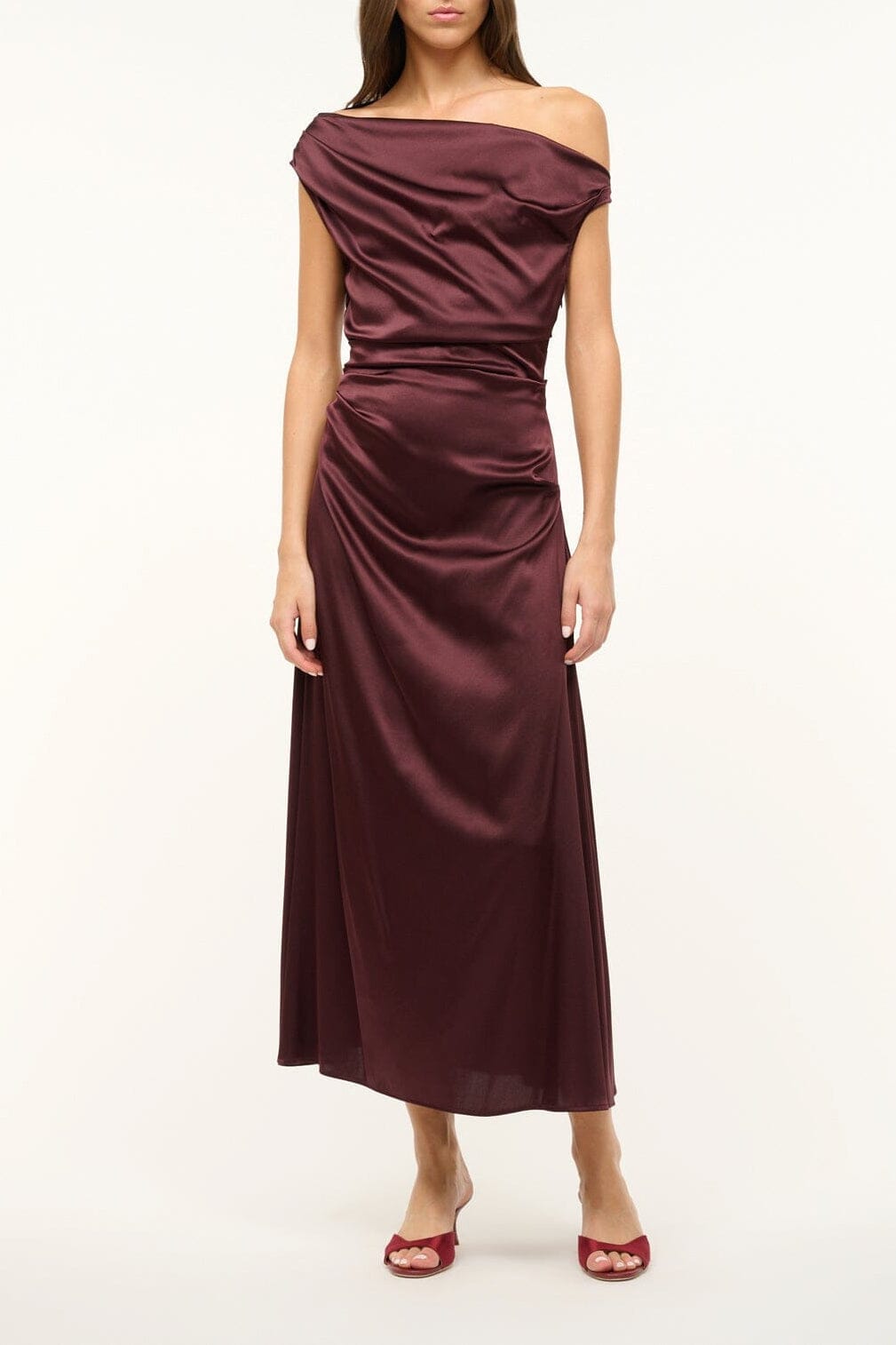 Merlot silk midi dress with draped off-shoulder neckline and fitted waist
