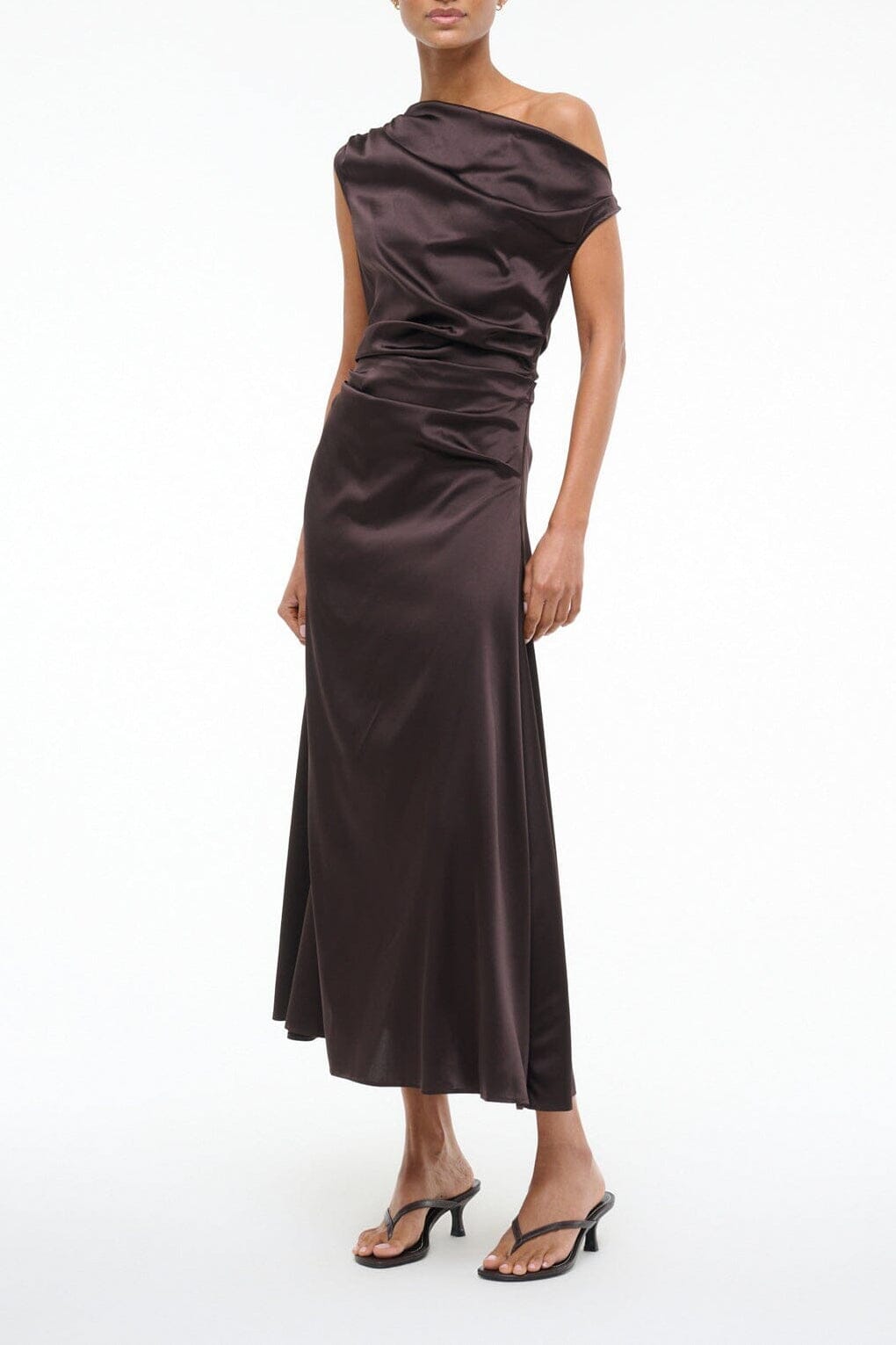 Brown silk midi dress with draped one-shoulder cowl neckline and side slit