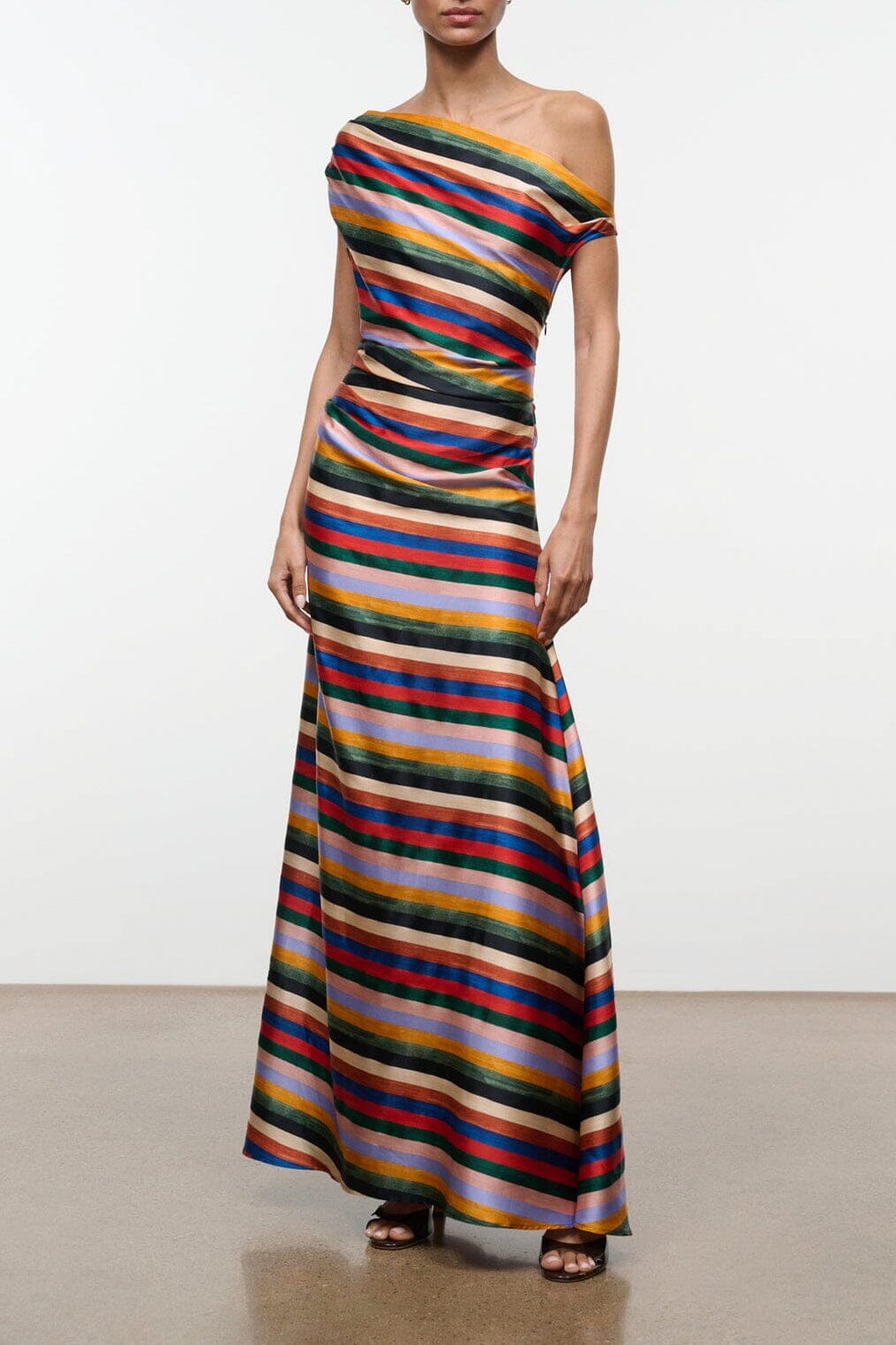 One-shoulder silk maxi dress with multicolor artist stripe pattern