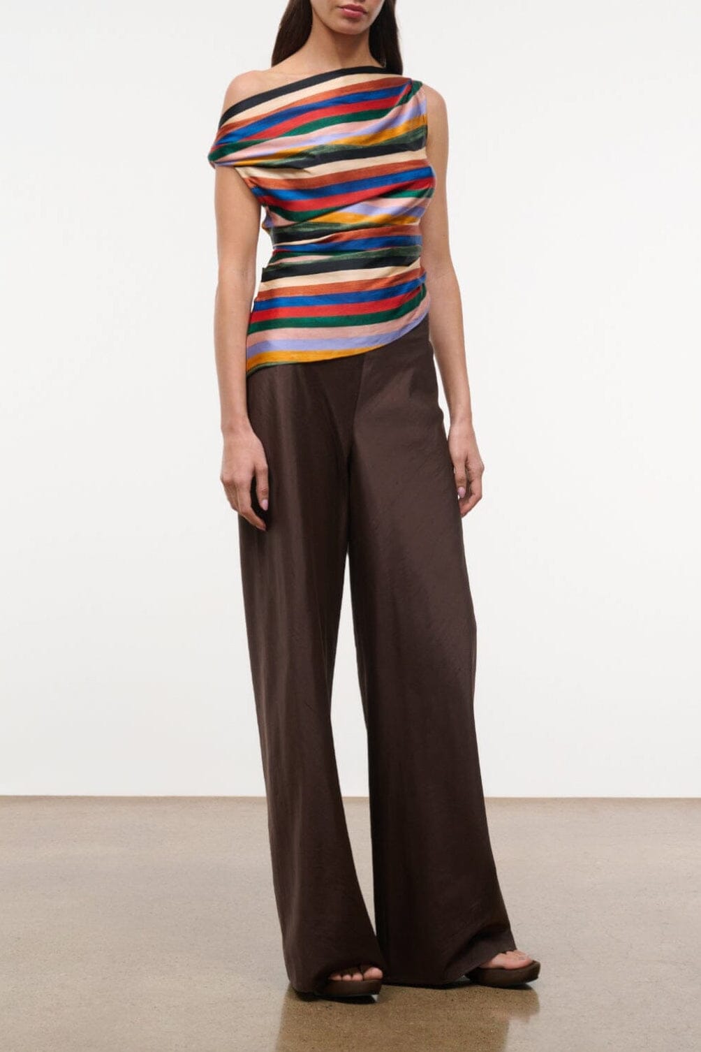 Silk off-shoulder top with multicolor artist stripe print