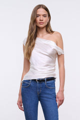 Ivory one-shoulder draped silk top with folded shoulder edge