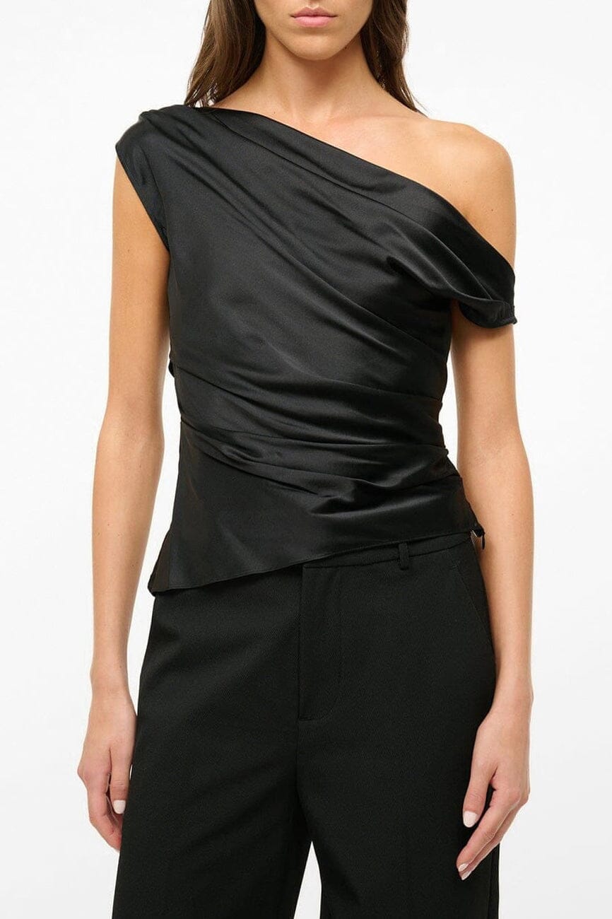 Black silk one-shoulder draped top with side ruching
