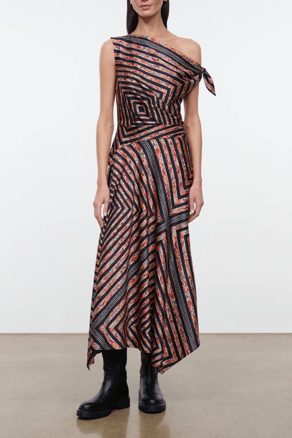 One-shoulder silk midi dress with black, red and chevron stripe pattern