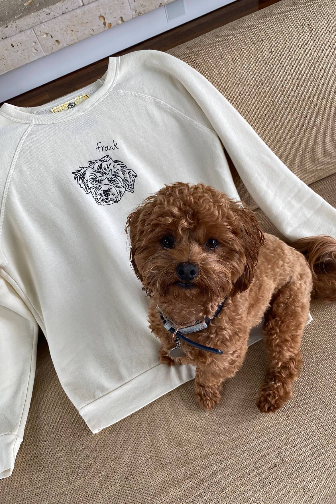 Cream sweatshirt with small front dog face graphic, crew neck and long sleeves