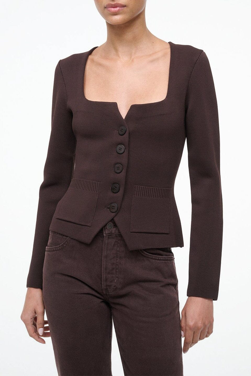 Women’s dark brown square-neck button-front top with long sleeves