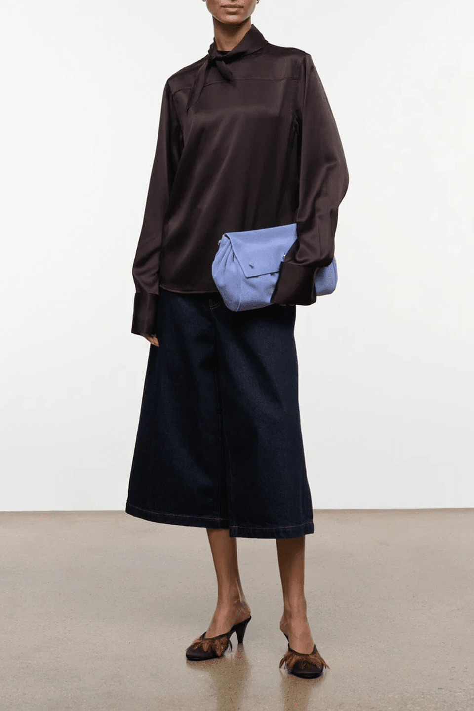 Dark earth-brown silk top with collar and long sleeves