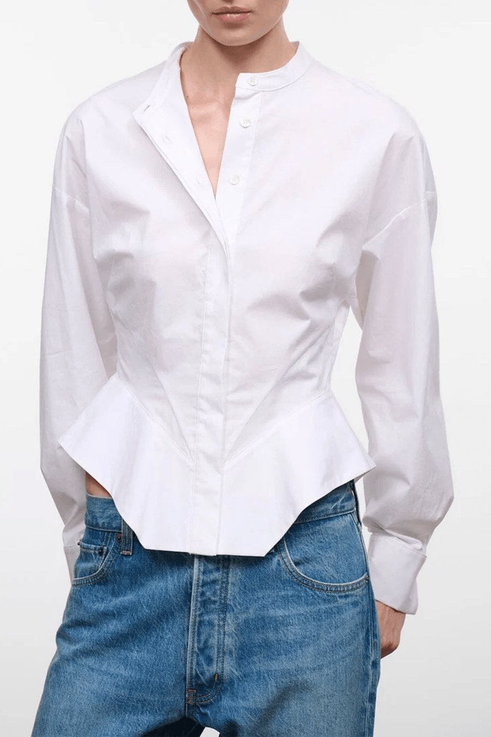 RHYS white button-front top, spread collar, long sleeves