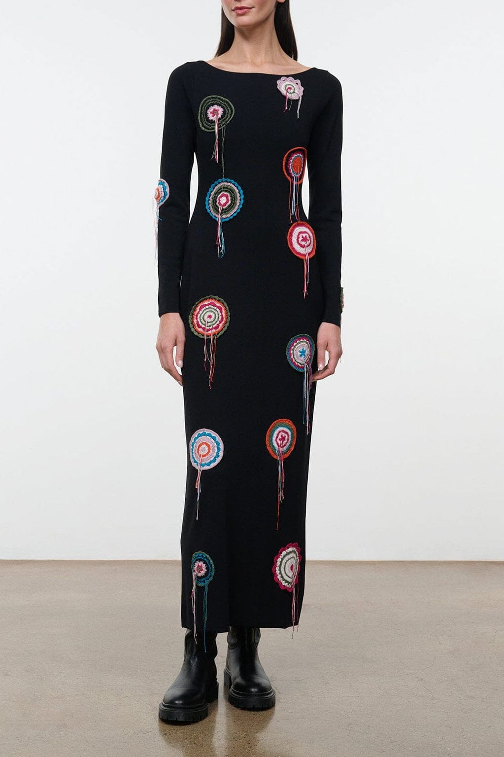 Black long-sleeve midi dress with colorful embroidered dreamcatcher motifs