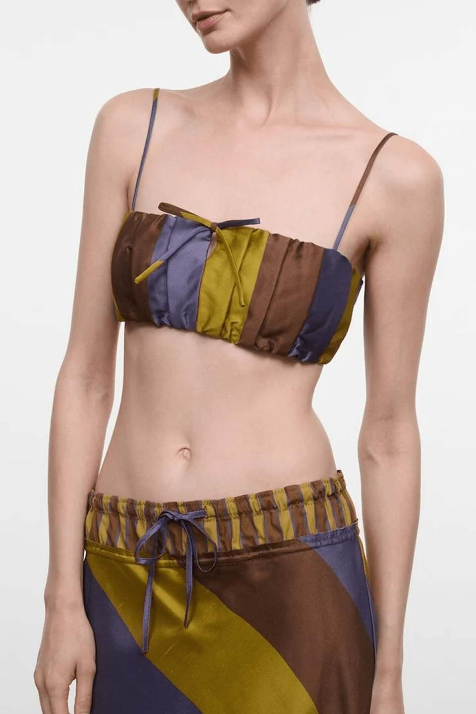 Sienna stripe silk bandeau top with thin spaghetti straps and patchwork panel design